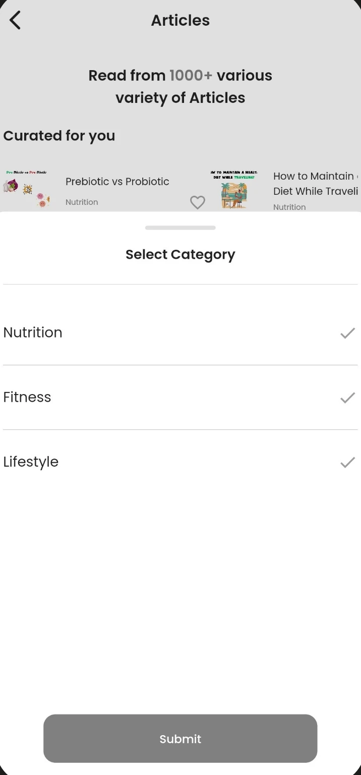 Article topics screen in the Fitness Forever app