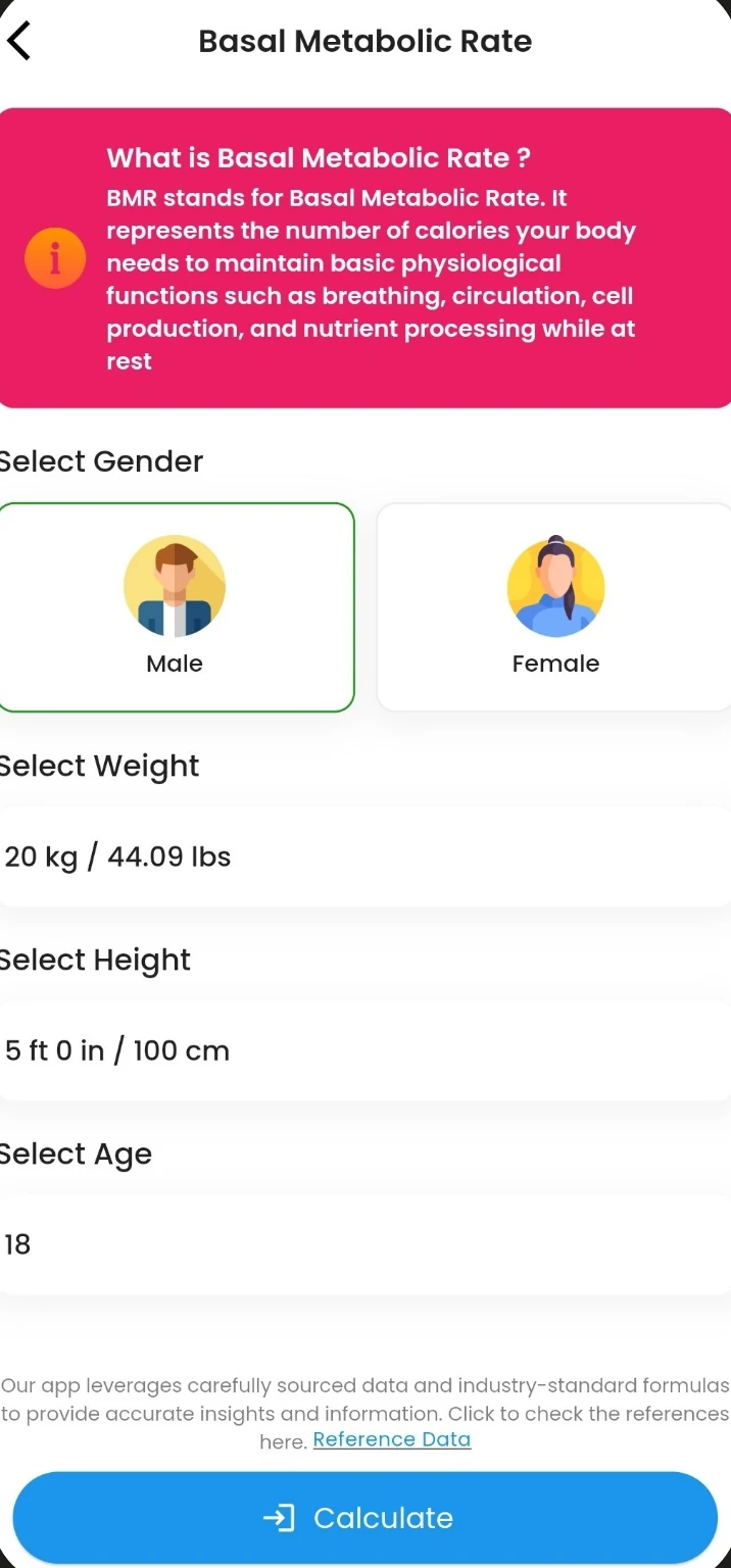 BMR calculator screen in the Fitness Forever app
