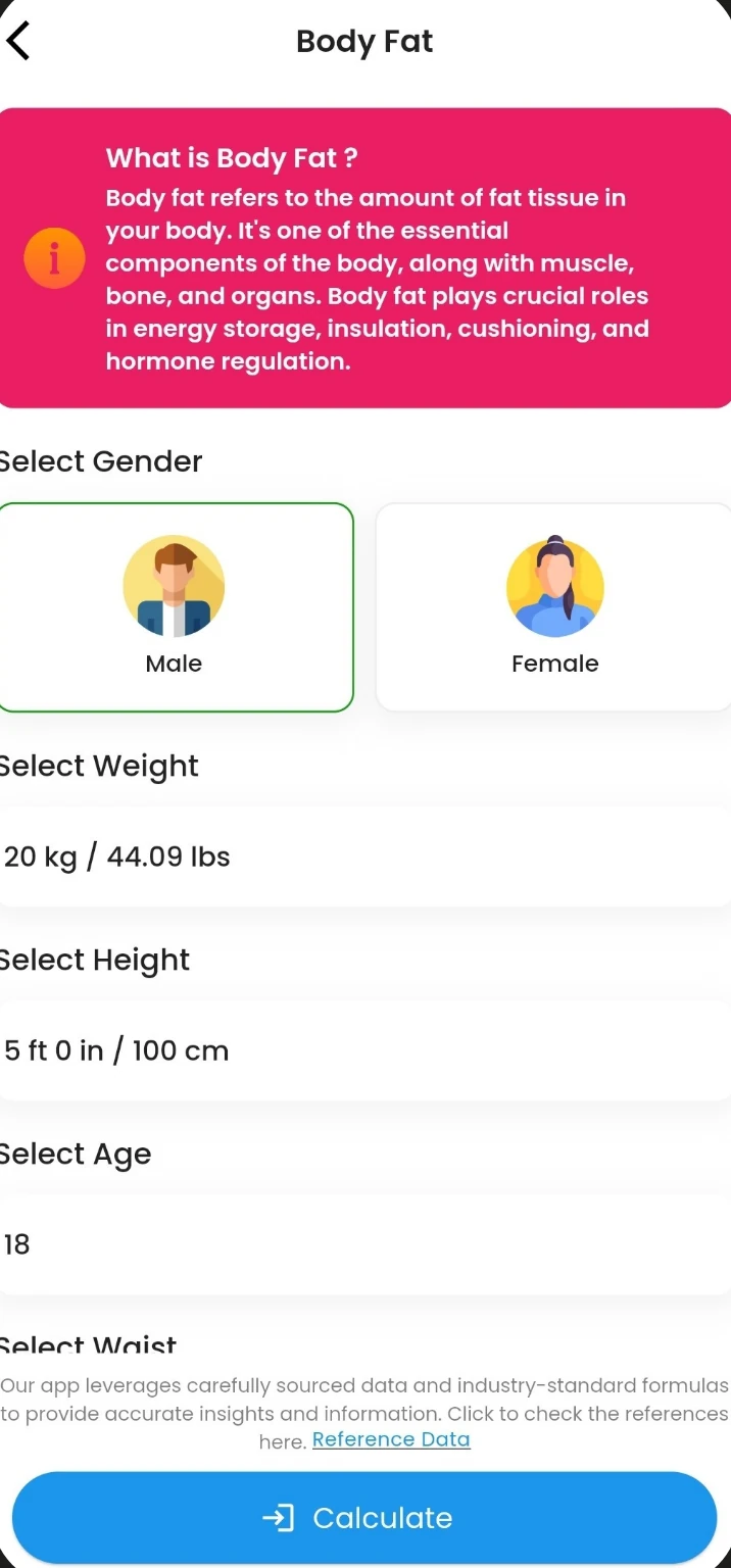 Body fat calculator screen in the Fitness Forever app