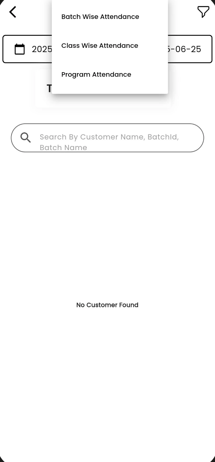 Attendance screen in the Fitness Forever app