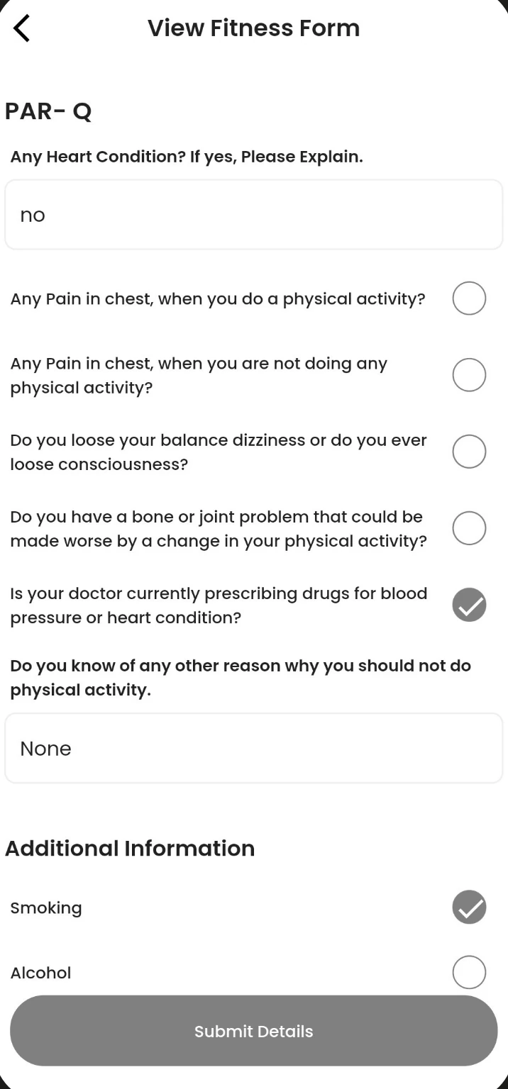 PAR-Q assessment screen in the Fitness Forever app
