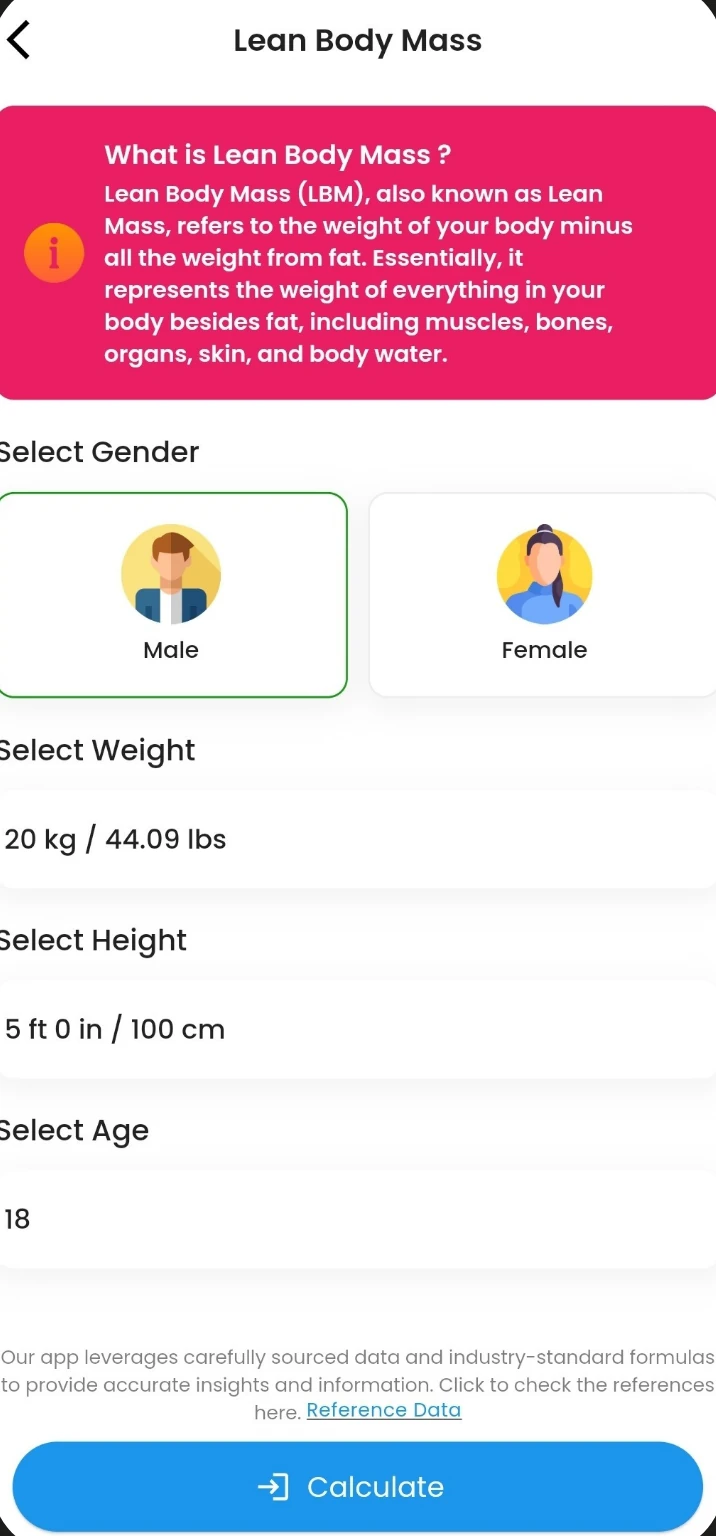 Lean body mass screen in the Fitness Forever app