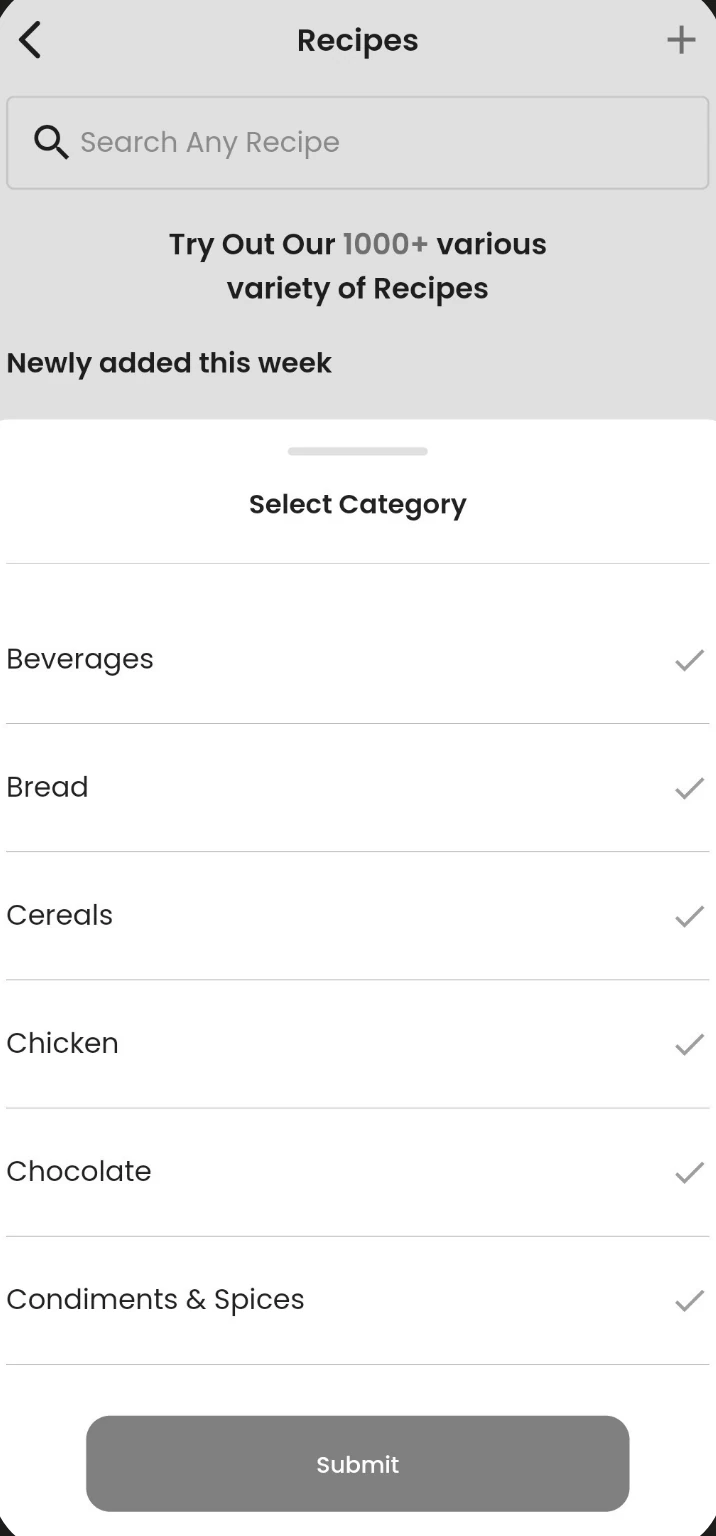 Filter by calories screen in the Fitness Forever app