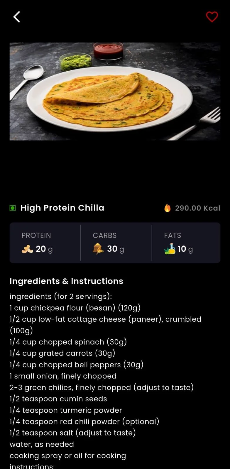 Healthy recipe in the Fitness Forever app
